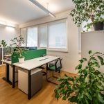 Helles Büro mit Pflanzen, flexible Arbeitsplätze, natürlichem Licht, zeitgemäßem Design.