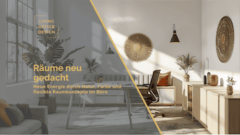 Modernes Bürodesign mit natürlichen Farben und flexiblen Raumkonzepten für effiziente Arbeitsumgebungen.