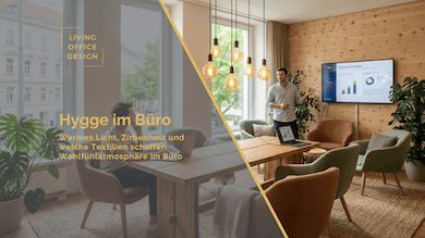 Hygge im Büro: Warmes Licht, Zirbenholz und angenehmes Textil für entspannte Arbeitsatmosphäre.