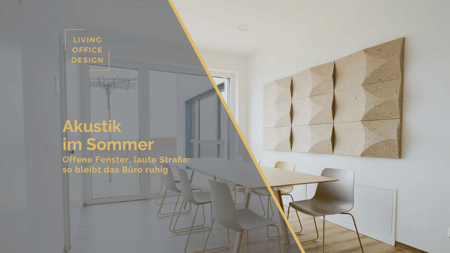 Text-heavy hero image: modern meeting room with a diagonal gold overlay, beige acoustic wall panels, glass doors, and German headlines about office acoustics in summer.