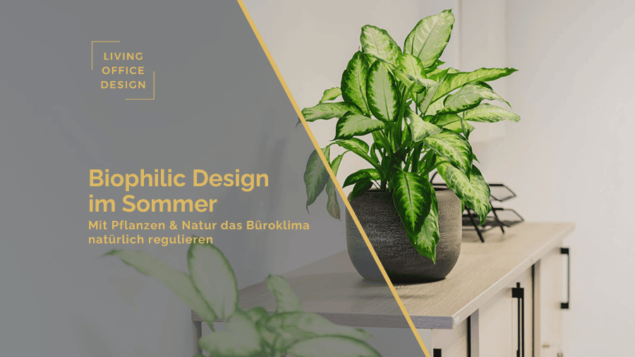 Promotional banner for Living Office Design with a potted plant on a desk, gray overlay, and a yellow diagonal divider with German text about biophilic design.