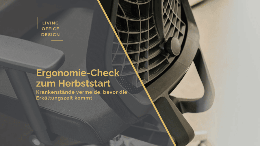 Promo image for Living Office Design advertising an Ergonomie-Check zum Herbststart, featuring an ergonomic chair with a diagonal yellow accent.