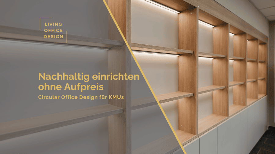 Promo banner showing wooden modular shelves with warm lighting and a gold diagonal stripe; German headline promotes sustainable, cost-free office design.