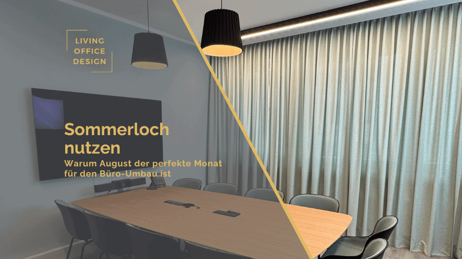 Conference room with a wooden table and gray chairs; diagonal gold overlay, headline 'Sommerloch nutzen' and 'Living Office Design' logo.