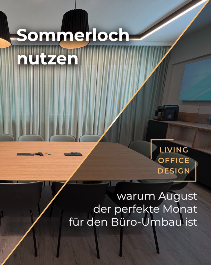 Magazine cover: conference room with wooden table and chairs, diagonal orange divider and German headlines about summer lull and office redesign.