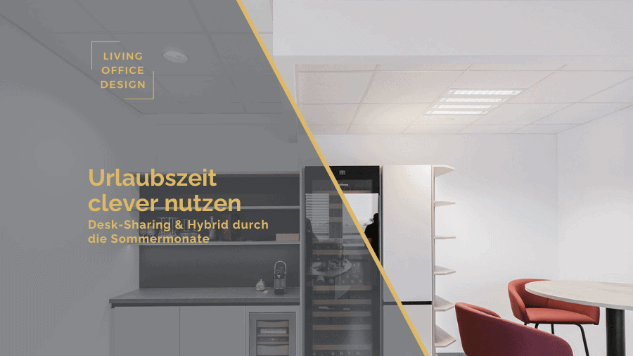 Hero image for Living Office Design: split office scene with logo on the left and a German headline about desk-sharing and hybrid work for the summer on the left panel; right side shows a bright office with seating.